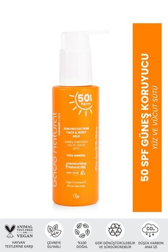 Bade Natural Sun Protection 50 Faktör Tüm Ciltler İçin Leke Karşıtı Nemlendirici Yağsız Suya Dayanıklı Yüz Güneş Sütü 100 ml