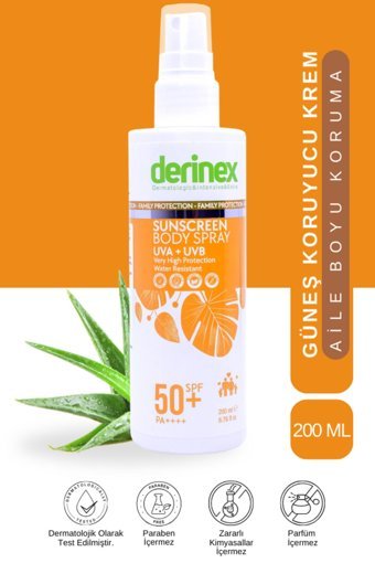 Derinex 50 Faktör Tüm Ciltler İçin Nemlendirici Suya Dayanıklı Yüz ve Vücut Güneş Kremi 200 ml