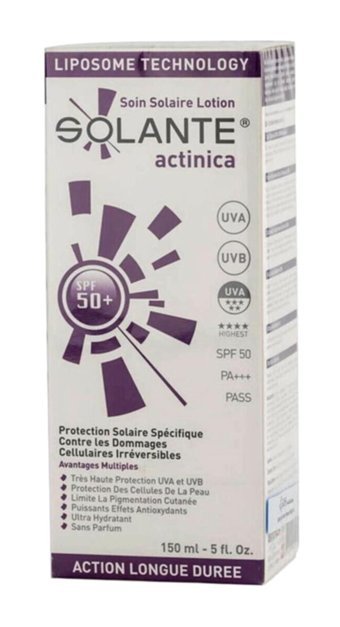 Solante 50 Faktör Tüm Ciltler İçin Leke Karşıtı Nemlendirici Yağsız Suya Dayanıklı Yüz ve Vücut Güneş Losyonu 50 ml