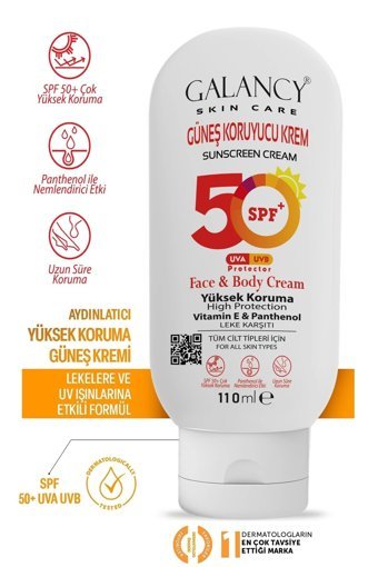 Galancy 50 Faktör Tüm Ciltler İçin Leke Karşıtı Nemlendirici Yağsız Suya Dayanıklı Yüz ve Vücut Güneş Kremi 50 ml