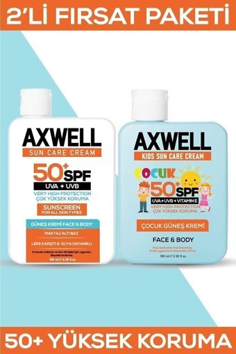 Axwell 50 Faktör Tüm Ciltler İçin Leke Karşıtı Nemlendirici Yağsız Suya Dayanıklı Yüz ve Vücut Güneş Kremi 50 ml