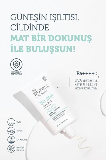 The Purest Solutions Matte Finish 50 Faktör Yağlı Ciltler İçin Leke Karşıtı Nemlendirici Yağsız Suya Dayanıklı Yüz ve Vücut Güneş Kremi 50 ml