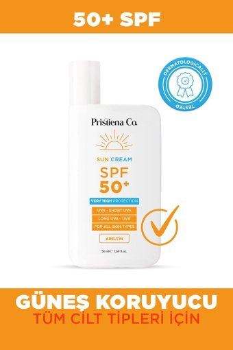 Pristiena Co. Arbutinli 50 Faktör Tüm Ciltler İçin Nemlendirici Suya Dayanıklı Yüz ve Vücut Güneş Kremi 50 ml