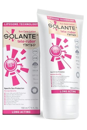Solante Telerubor Tinted 50 Faktör Tüm Ciltler İçin Leke Karşıtı Nemlendirici Yağsız Suya Dayanıklı Yüz ve Vücut Güneş Losyonu 150 ml