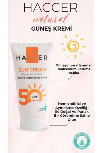 Haccer 50 Faktör Tüm Ciltler İçin Leke Karşıtı Nemlendirici Yağsız Suya Dayanıklı Yüz ve Vücut Güneş Kremi 50 ml