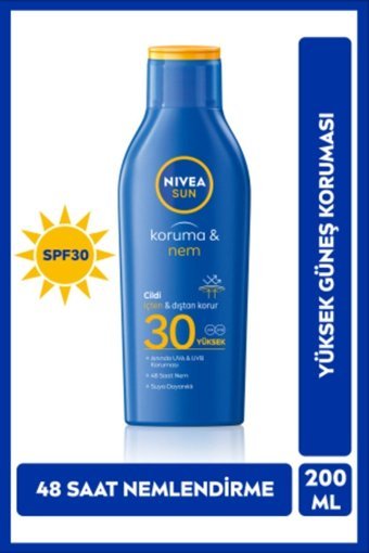 Nivea Sun 30 Faktör Tüm Ciltler İçin Nemlendirici Suya Dayanıklı Yüz ve Vücut Güneş Losyonu 200 ml