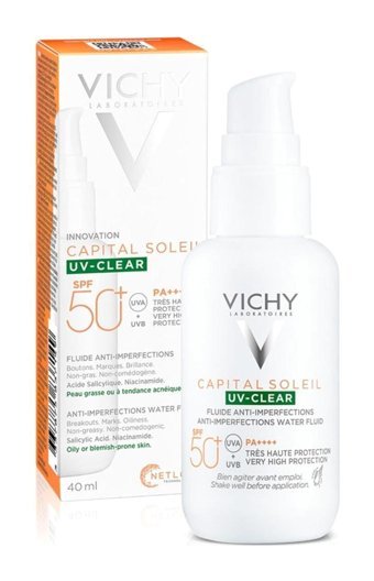 Vichy Capital Soleil Uv-Clear 50 Faktör Tüm Ciltler İçin Leke Karşıtı Nemlendirici Yağsız Suya Dayanıklı Yüz ve Vücut Güneş Kremi 40 ml