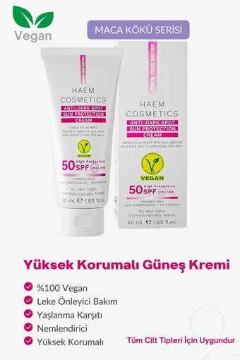 Haem Cosmetics 50 Faktör Tüm Ciltler İçin Leke Karşıtı Nemlendirici Yağsız Suya Dayanıklı Yüz ve Vücut Güneş Kremi 50 ml