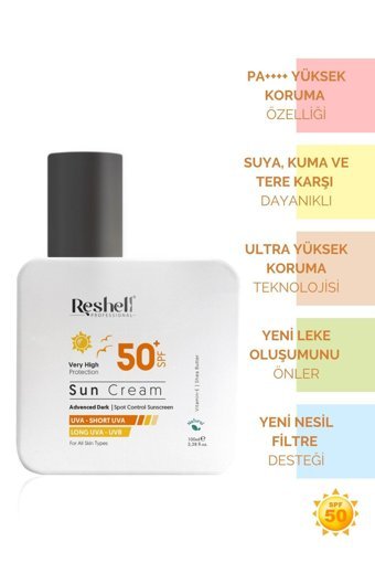 Reshell 50 Faktör Tüm Ciltler İçin Leke Karşıtı Nemlendirici Yağsız Suya Dayanıklı Yüz ve Vücut Güneş Kremi 100 ml