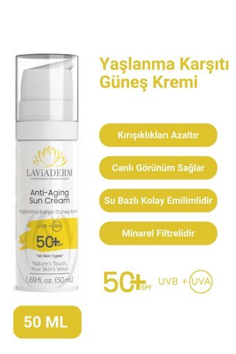 Lavi̇aderm Anti-Aging Sun Cream 50 Faktör Tüm Ciltler İçin Leke Karşıtı Nemlendirici Yaşlanma Karşıtı Yağsız Suya Dayanıklı Yüz Ve Vücut Güneş Kremi 50 ml