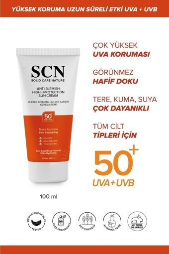 Scn Solid Care Nature Scn Solıd Care 50 Faktör Tüm Ciltler İçin Leke Karşıtı Nemlendirici Yaşlanma Karşıtı Yağsız Suya Dayanıklı Yüz ve Vücut Güneş Kremi 100 ml