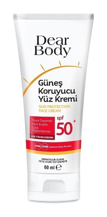 Dear Body 50 Faktör Tüm Ciltler İçin Leke Karşıtı Nemlendirici Yağsız Suya Dayanıklı Yüz Güneş Kremi 60 ml