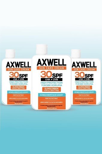 Axwell Sun Care 50 Faktör Tüm Ciltler İçin Leke Karşıtı Nemlendirici Yağsız Suya Dayanıklı Yüz ve Vücut Güneş Kremi 3x100 ml