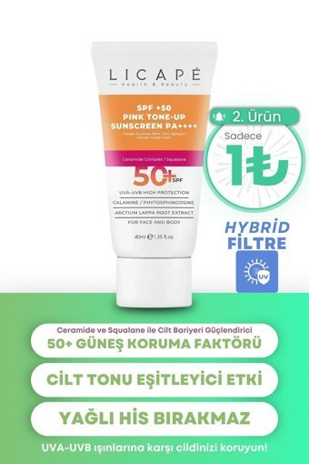 Licape 50 Faktör Tüm Ciltler İçin Leke Karşıtı Nemlendirici Yağsız Suya Dayanıklı Yüz ve Vücut Güneş Kremi 40 ml