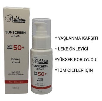Aslderm 50 Faktör Tüm Ciltler İçin Leke Karşıtı Nemlendirici Yaşlanma Karşıtı Suya Dayanıklı Yüz Güneş Kremi 50 ml