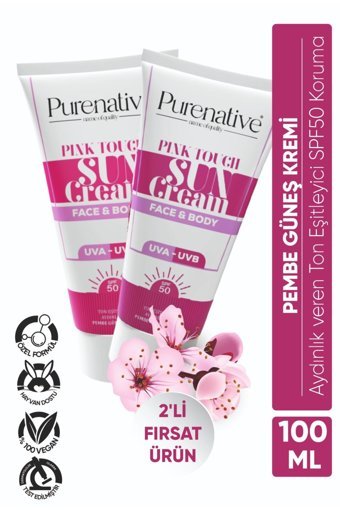 Purenative 50 Faktör Tüm Ciltler İçin Leke Karşıtı Nemlendirici Yağsız Suya Dayanıklı Yüz ve Vücut Güneş Kremi 100 ml