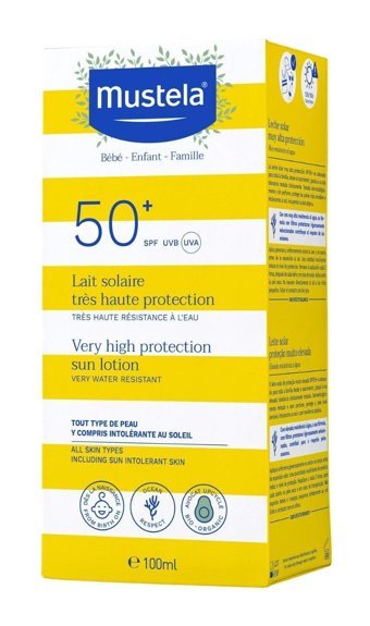 Mustela Protection 50 Faktör Tüm Ciltler İçin Leke Karşıtı Nemlendirici Yağsız Suya Dayanıklı Yüz ve Vücut Güneş Kremi 100 ml