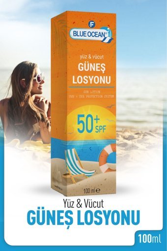 Blue Ocean 50 Faktör Tüm Ciltler İçin Nemlendirici Suya Dayanıklı Yüz ve Vücut Güneş Losyonu 100 ml
