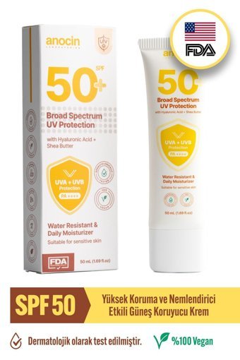 Anocin Broad Specturum 50 Faktör Tüm Ciltler İçin Leke Karşıtı Nemlendirici Yağsız Suya Dayanıklı Yüz ve Vücut Güneş Kremi 50 ml