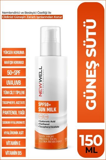 New Well Sun Milk 50 Faktör Tüm Ciltler İçin Leke Karşıtı Nemlendirici Yağsız Suya Dayanıklı Yüz ve Vücut Güneş Sütü 150 ml