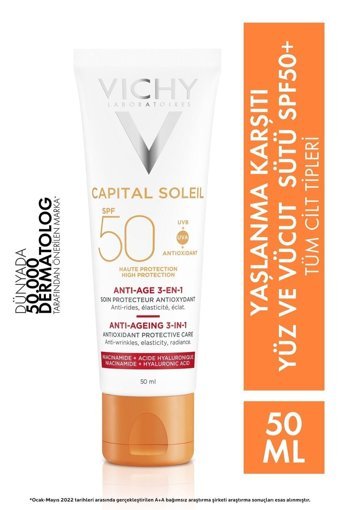 Vichy Anti Aging 50 Faktör Tüm Ciltler İçin Leke Karşıtı Nemlendirici Yaşlanma Karşıtı Yağsız Suya Dayanıklı Yüz Güneş Kremi 50 ml
