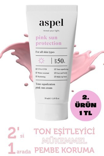 Aspel Pink Sun Renkli 50 Faktör Tüm Ciltler İçin Leke Karşıtı Nemlendirici Yağsız Suya Dayanıklı Yüz ve Vücut Güneş Kremi 50 ml
