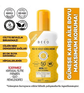 Bee'O 50 Faktör Tüm Ciltler İçin Nemlendirici Suya Dayanıklı Yüz ve Vücut Güneş Kremi 50 ml