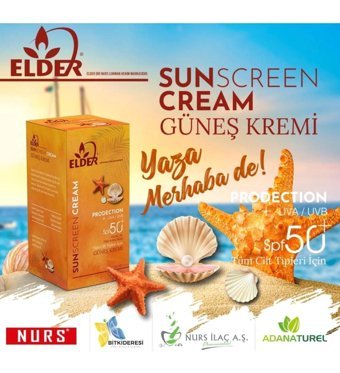 Elder 50 Faktör Tüm Ciltler İçin Leke Karşıtı Nemlendirici Yağsız Suya Dayanıklı Yüz ve Vücut Güneş Kremi 50 ml