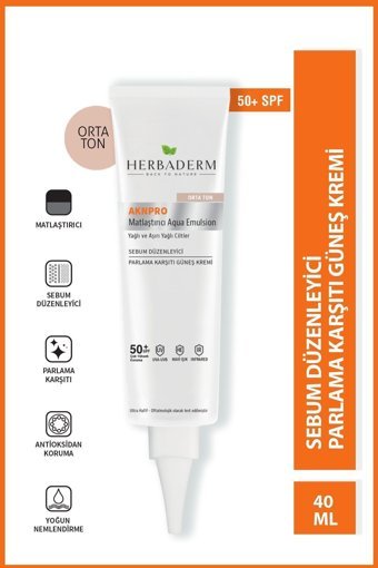 Herbaderm Aknpro Renkli 50 Faktör Tüm Ciltler İçin Leke Karşıtı Nemlendirici Yağsız Suya Dayanıklı Yüz ve Vücut Güneş Kremi 40 ml