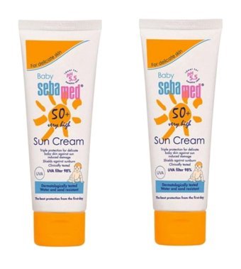 Sebamed Baby 50 Faktör Tüm Ciltler İçin Leke Karşıtı Nemlendirici Yağsız Suya Dayanıklı Yüz ve Vücut Güneş Kremi 2x75 ml