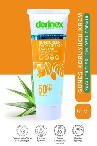 Derinex 50 Faktör Yağlı Ciltler İçin Nemlendirici Suya Dayanıklı Yüz Güneş Kremi 50 ml