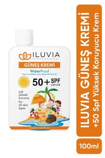 Iluvia Kids 50 Faktör Tüm Ciltler İçin Leke Karşıtı Nemlendirici Yağsız Suya Dayanıklı Yüz ve Vücut Güneş Kremi 150 ml
