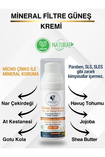 Berrali̇na Doğal Bakim Ürünleri̇ 50 Faktör Tüm Ciltler İçin Leke Karşıtı Nemlendirici Yağsız Suya Dayanıklı Yüz Güneş Kremi 50 ml