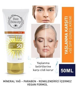 Bee Beauty Anti-Aging Face Cream 50 Faktör Tüm Ciltler İçin Leke Karşıtı Nemlendirici Yaşlanma Karşıtı Aydınlatıcı Yağsız Suya Dayanıklı Yüz Güneş Kremi 50 ml