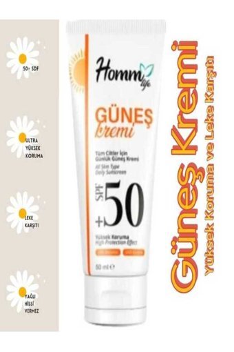 Homm Life 50 Faktör Tüm Ciltler İçin Leke Karşıtı Nemlendirici Yaşlanma Karşıtı Yağsız Suya Dayanıklı Yüz ve Vücut Güneş Kremi 50 ml