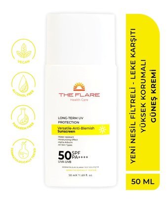 The Flare Health Care 50 Faktör Tüm Ciltler İçin Leke Karşıtı Nemlendirici Suya Dayanıklı Yüz ve Vücut Güneş Kremi 50 ml