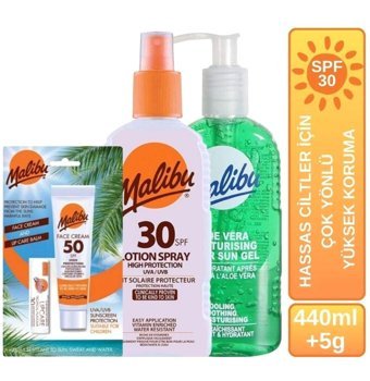 Malibu 50 Faktör Hassas Ciltler İçin Leke Karşıtı Nemlendirici Yağsız Suya Dayanıklı Yüz ve Vücut Güneş Losyonu 50 ml