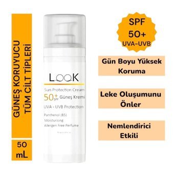 Look 50 Faktör Tüm Ciltler İçin Leke Karşıtı Nemlendirici Yağsız Suya Dayanıklı Yüz ve Vücut Güneş Kremi 50 ml