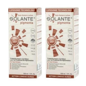 Solante 50 Faktör Tüm Ciltler İçin Leke Karşıtı Nemlendirici Yağsız Suya Dayanıklı Yüz ve Vücut Güneş Losyonu 2x150 ml