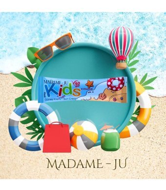 Madame Ju Kids 50 Faktör Tüm Ciltler İçin Leke Karşıtı Nemlendirici Yağsız Suya Dayanıklı Yüz ve Vücut Güneş Kremi 10 ml