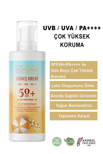 Bi̇orgi̇nal Sun 50 Faktör Tüm Ciltler İçin Leke Karşıtı Nemlendirici Yağsız Suya Dayanıklı Yüz ve Vücut Güneş Kremi 100 ml