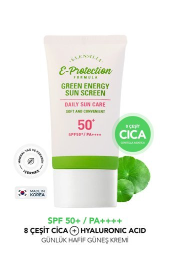Elensilia Green Energy Sun 50 Faktör Tüm Ciltler İçin Nemlendirici Yaşlanma Karşıtı Yağsız Suya Dayanıklı Yüz ve Vücut Güneş Kremi 50 ml