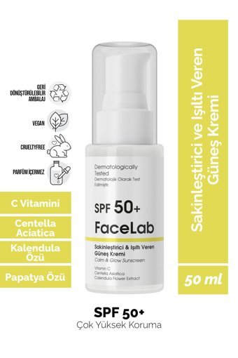 Facelab 50 Faktör Tüm Ciltler İçin Leke Karşıtı Nemlendirici Yağsız Suya Dayanıklı Yüz ve Vücut Güneş Kremi 50 ml