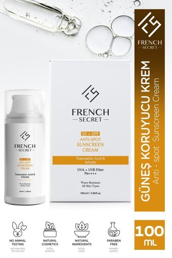 French Secret 50 Faktör Tüm Ciltler İçin Leke Karşıtı Nemlendirici Yağsız Suya Dayanıklı Yüz ve Vücut Güneş Kremi 100 ml