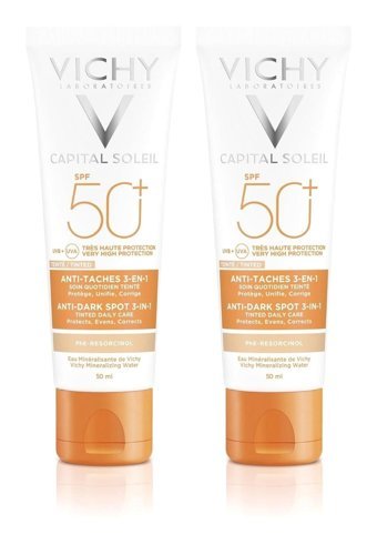 Vichy Soleil Renkli 50 Faktör Tüm Ciltler İçin Leke Karşıtı Nemlendirici Yağsız Suya Dayanıklı Yüz ve Vücut Güneş Kremi 50 ml