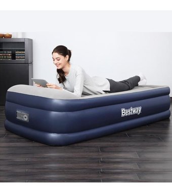Bestway 67628 Katlanır Elektrikli Ev Tipi Tek Kişilik Şişme Yatak Beyaz-Lacivert