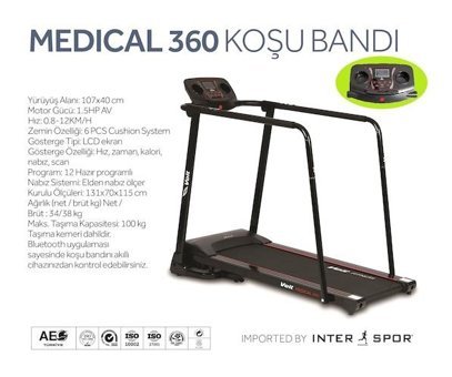 Voit Medical 360 12 Programlı 100 kg Kapasiteli Motorlu Koşu Bandı Siyah