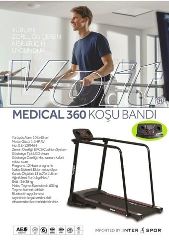 Voit Medical 360 12 Programlı 100 kg Kapasiteli Motorlu Koşu Bandı Siyah