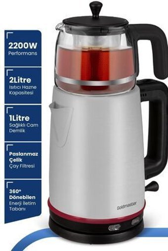 Goldmaster Dem Otomatik Çelik Demlikli 2200 W Işıklı Çelik Gövdeli Gri Retro Çay Makinesi