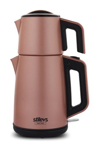 Stilevs Çays Otomatik Çelik Demlikli 1650 W Işıklı Çelik Gövdeli Rose Gold Retro Çay Makinesi